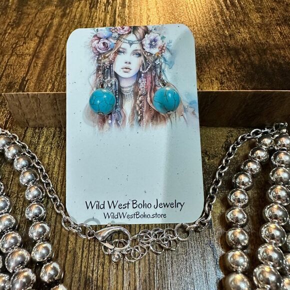 Large Squash Blossom Pendant Chunky Necklace and Earrings Set with Turquoise St - Picture 5 of 11